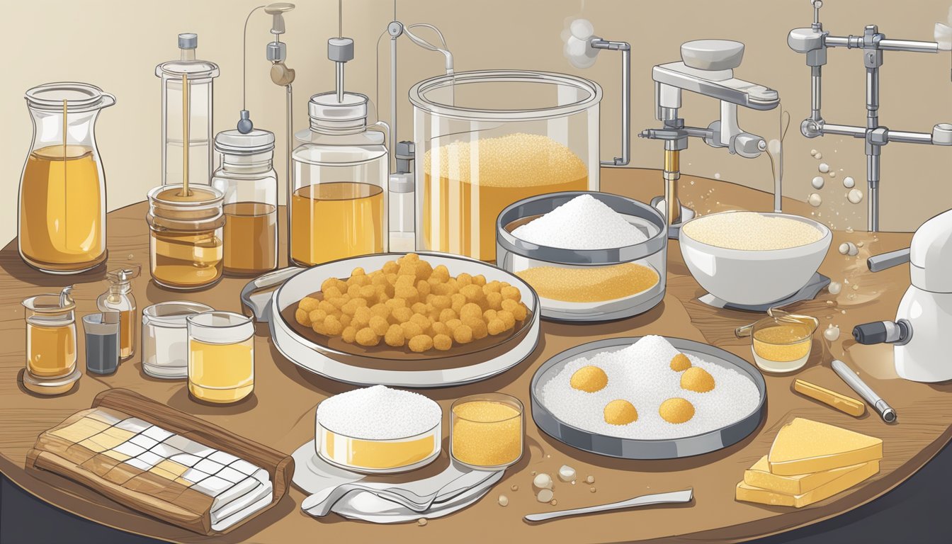 A table with various sugars: raw, white, brown, and honey, surrounded by scientific equipment and charts showing health impact data