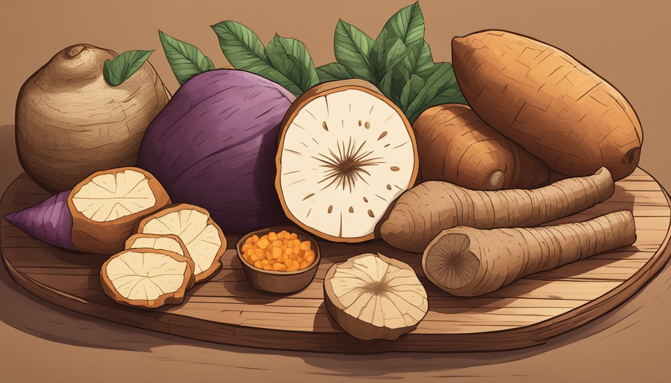 A variety of raw tubers, such as sweet potatoes, yams, and cassava, arranged on a wooden cutting board with a knife