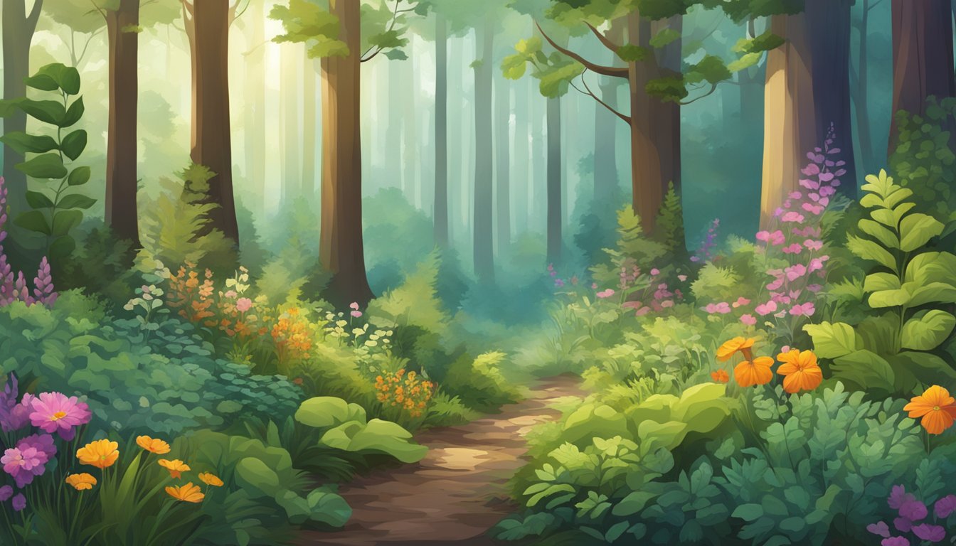 A lush forest floor with a variety of wild edible plants, including colorful flowers and leafy greens, surrounded by towering trees