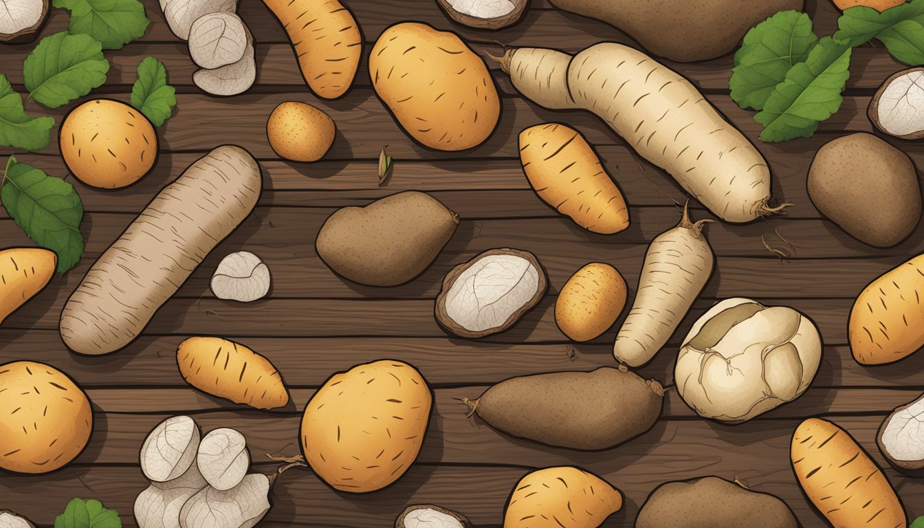 A variety of tubers, such as potatoes, yams, and cassava, are spread out on a wooden surface. A caution sign and various toxic symbols are displayed nearby