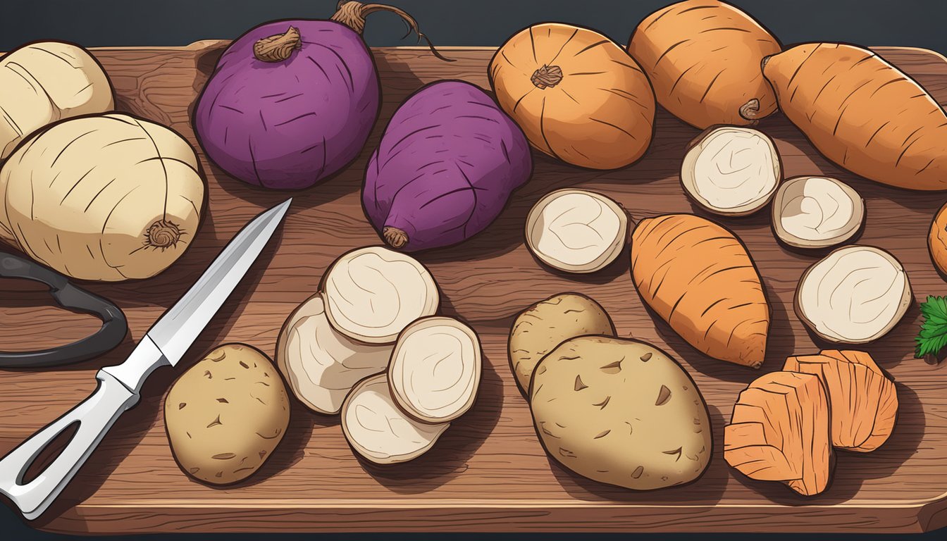 A variety of raw tubers such as potatoes, sweet potatoes, and yams arranged on a cutting board with a sharp knife nearby