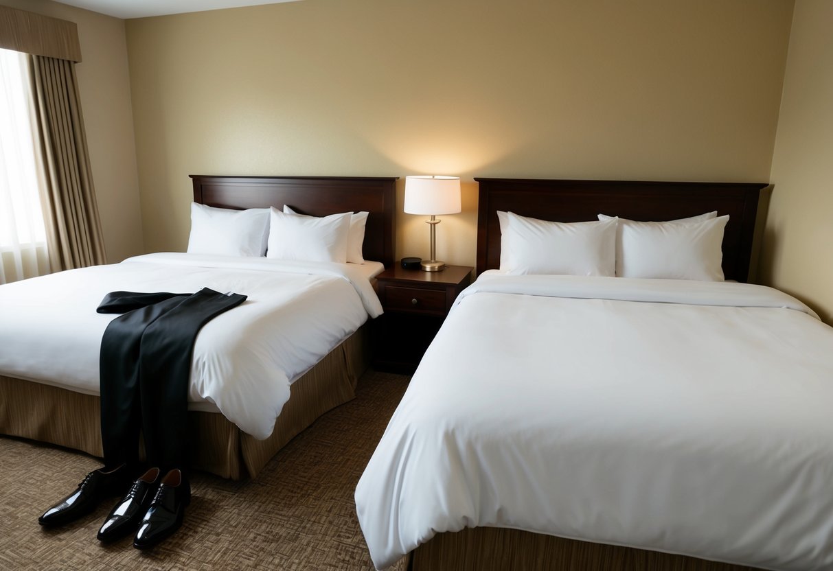 A cozy room with two neatly made beds, one slightly rumpled. A tuxedo and a pair of polished shoes lay ready on a chair