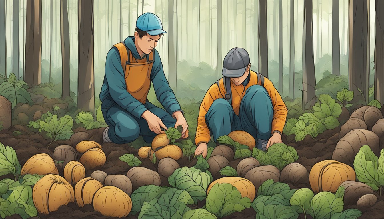 A person gathers and examines various tubers in a forest clearing