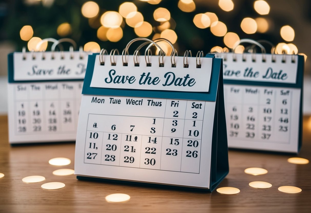 A calendar with different wedding themes marked for save the date