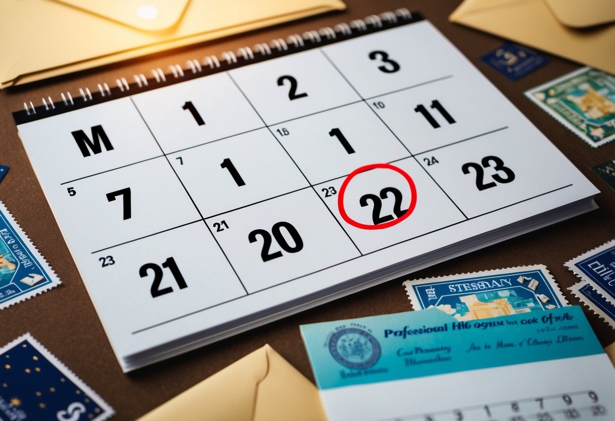A calendar with the date six months in the future circled in red, surrounded by envelopes and stamps