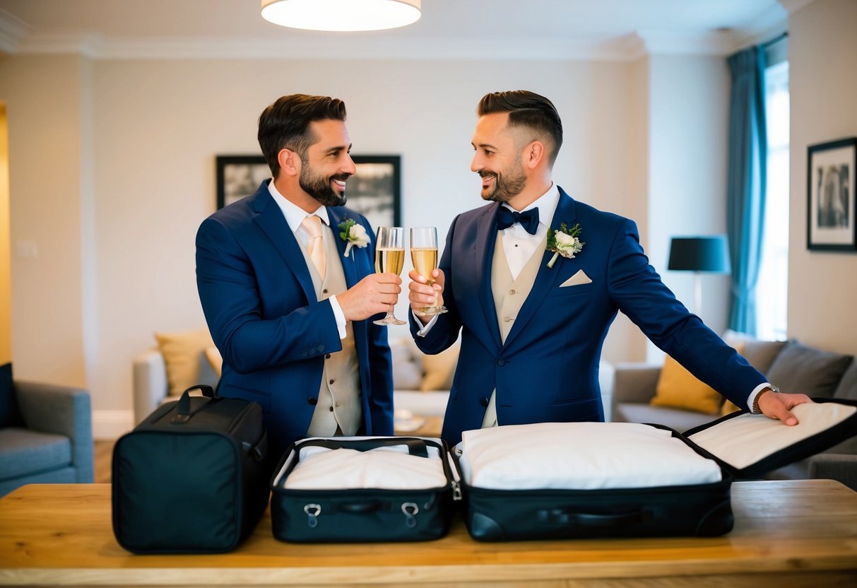 The best man and groom share a toast while packing for the big day