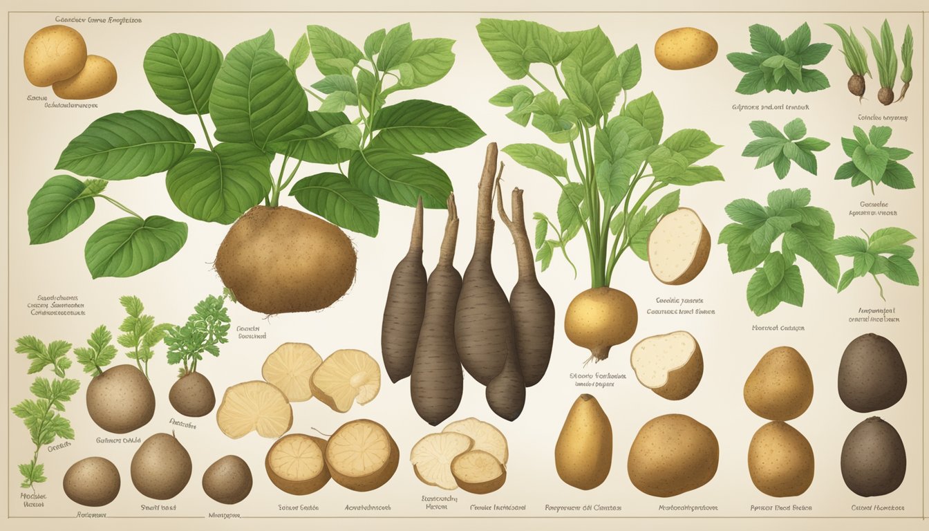 A variety of tubers and plants, such as potatoes, yams, and cassava, are displayed with their botanical characteristics and classification labels