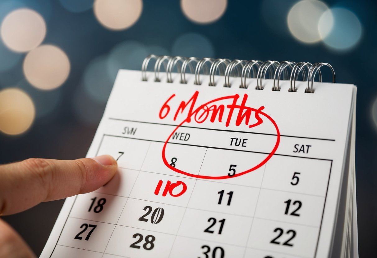 A calendar with the date six months in the future circled in red