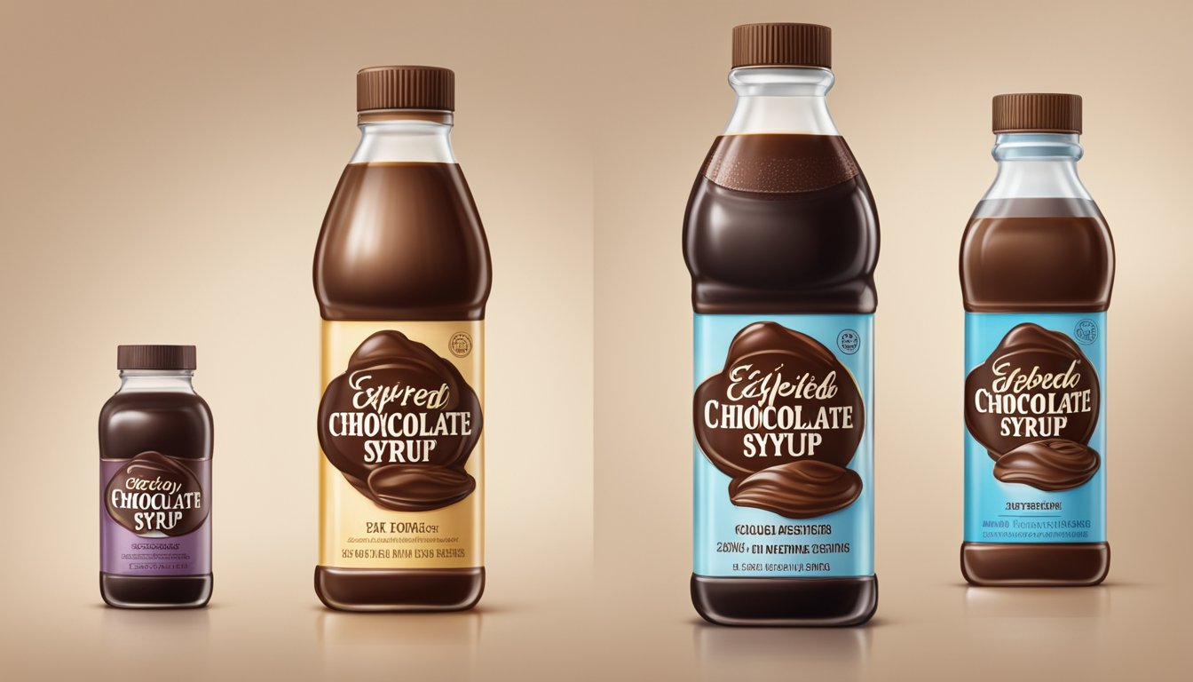 A bottle of expired chocolate syrup next to a fresh bottle, with visible differences in color and texture