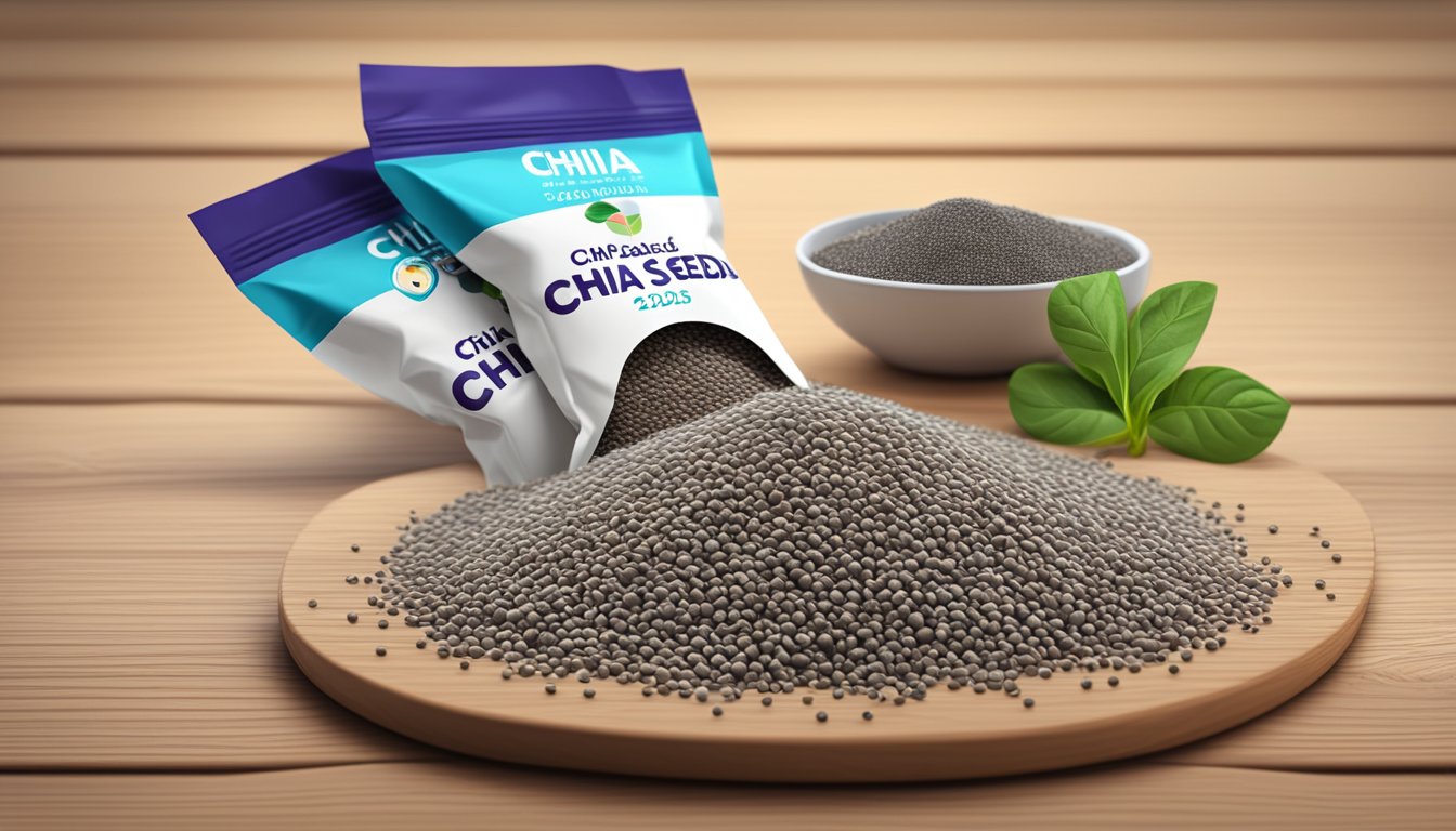 A packet of chia seeds with an expiration date visible, alongside a pile of fresh, healthy chia seeds spilling out onto a wooden surface