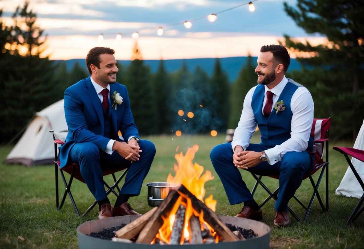 The best man and groom sit around a campfire under the stars, sharing stories and laughter as they prepare for the big day