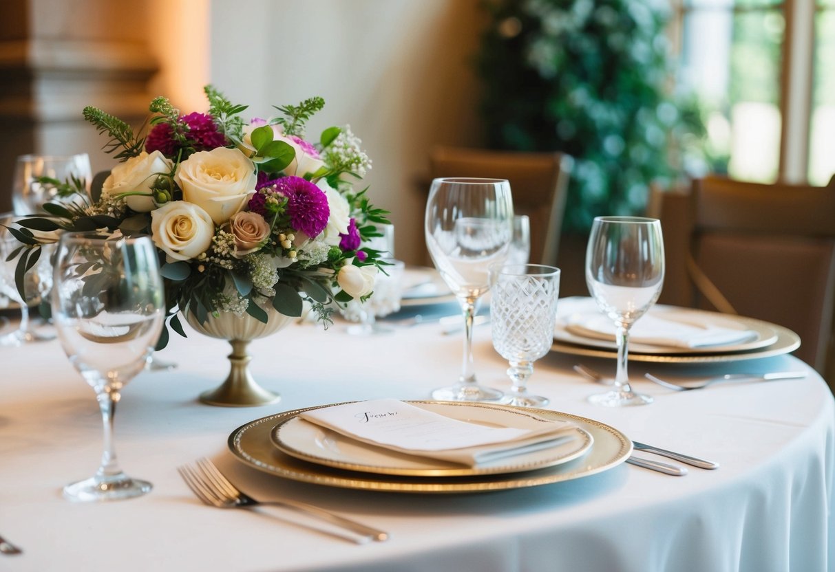 A decorative place setting with a floral centerpiece sits next to the bride at the head table
