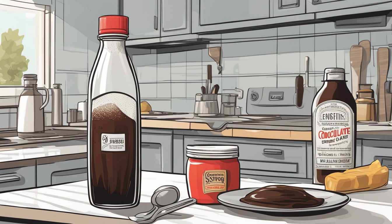 A bottle of expired chocolate syrup sits on a kitchen counter, surrounded by other condiments and utensils. The label shows the expiration date crossed out with a red marker