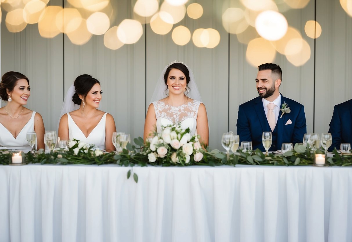 The bride sits at the center of the head table, with the maid of honor to her left and the best man to her right