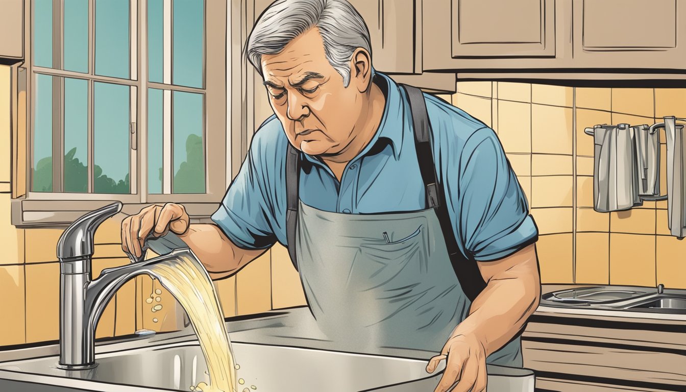 A pot of expired chicken broth being poured down the sink, with a disgusted expression on the face of the person pouring it