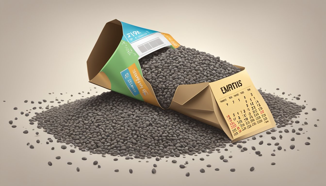 A pile of chia seeds spilling out of a torn, expired package, with a calendar showing the date of expiration in the background