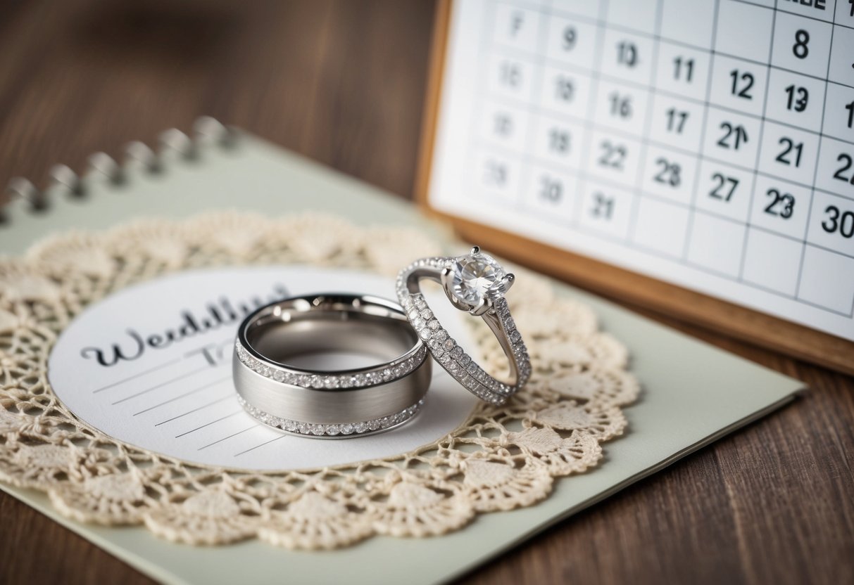 A pair of elegant wedding rings sitting on a lace doily beside a calendar with the wedding date circled