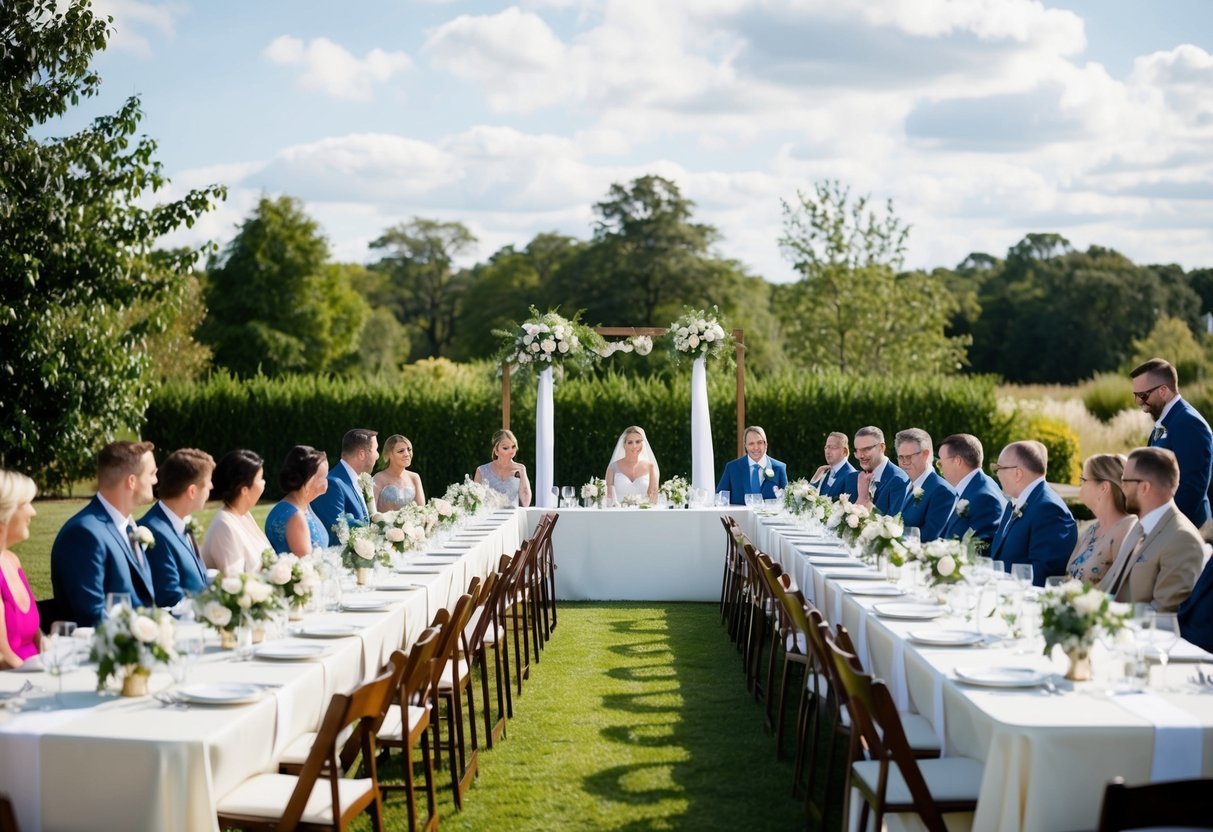 A long head table with smaller tables for guests and family arranged around it. The bride sits at the center of the head table