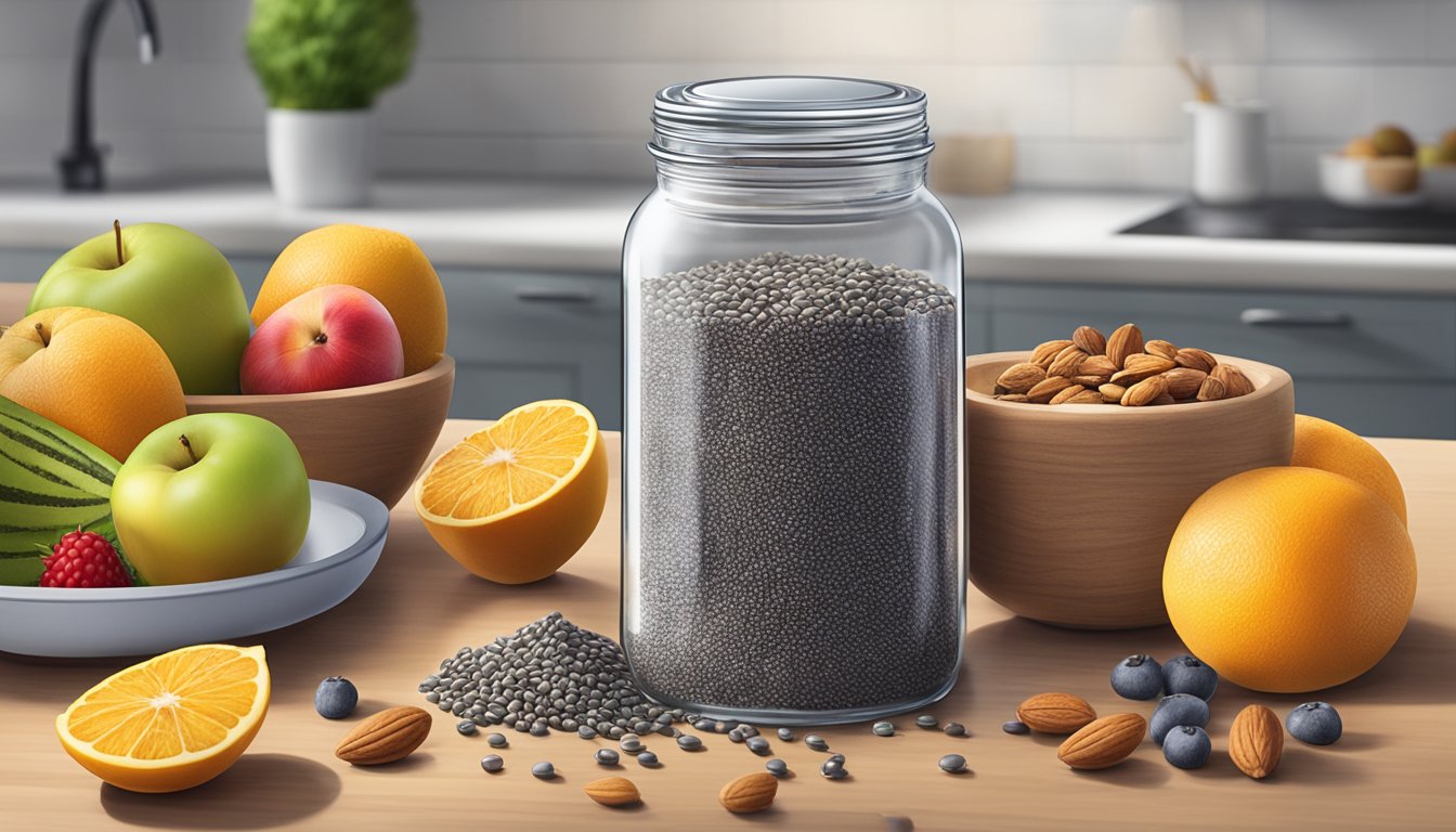 A jar of chia seeds sits on a kitchen counter, surrounded by various fruits and nuts. The lid of the jar is slightly ajar, with a few seeds spilling out onto the counter