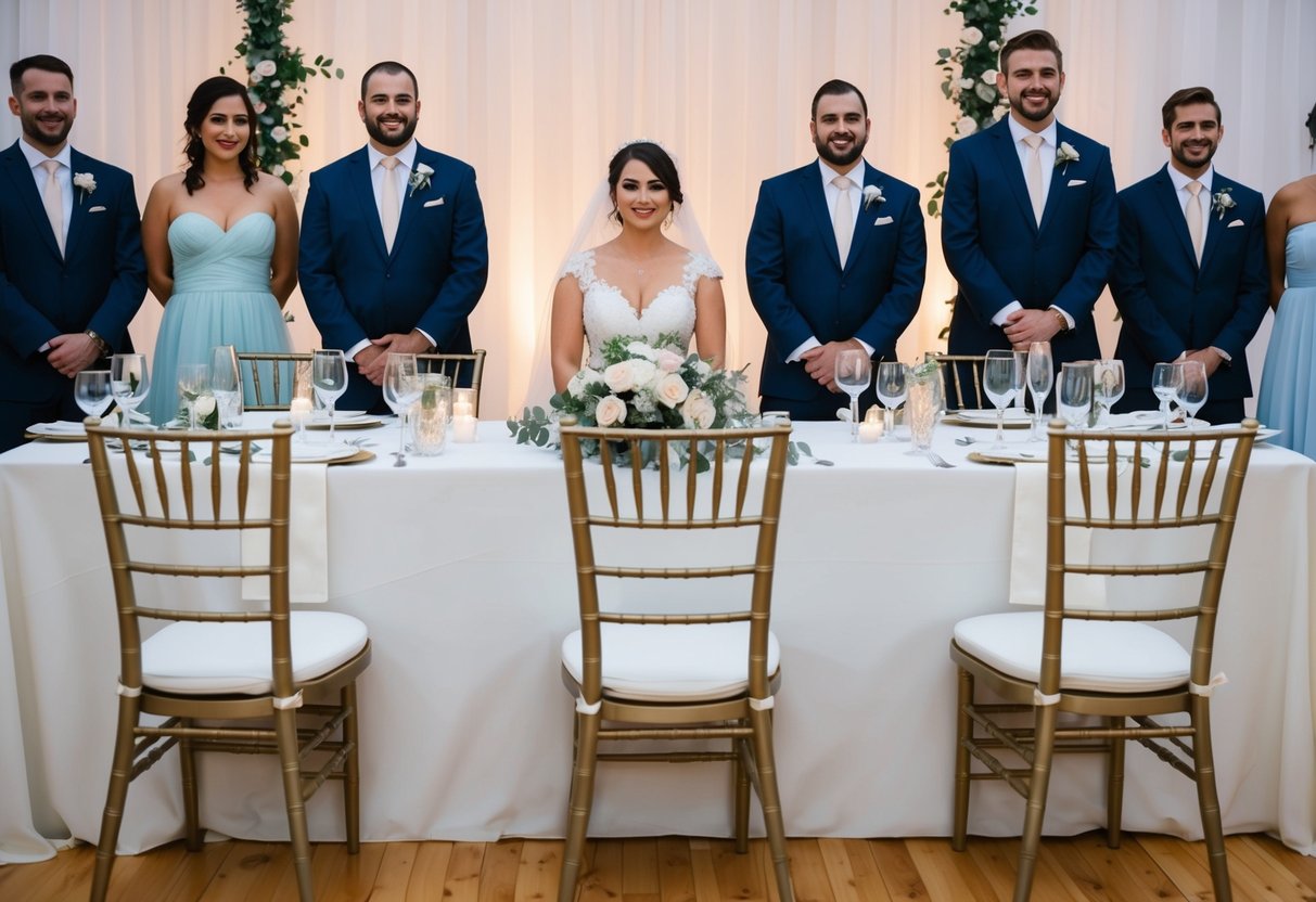 A head table with a central seat for the bride, flanked by two empty chairs for the groom and maid of honor, and additional seating for other members of the wedding party