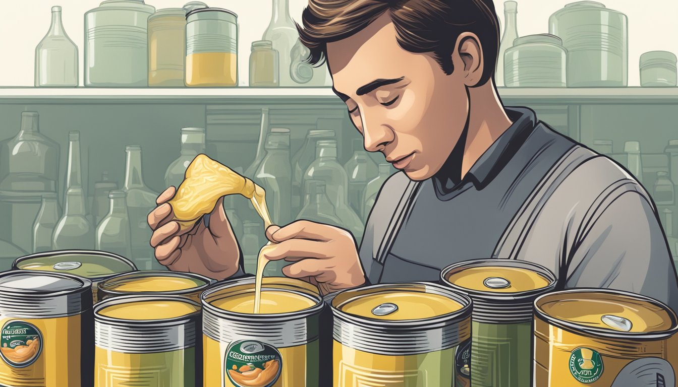 A person smelling and examining a can of expired chicken broth