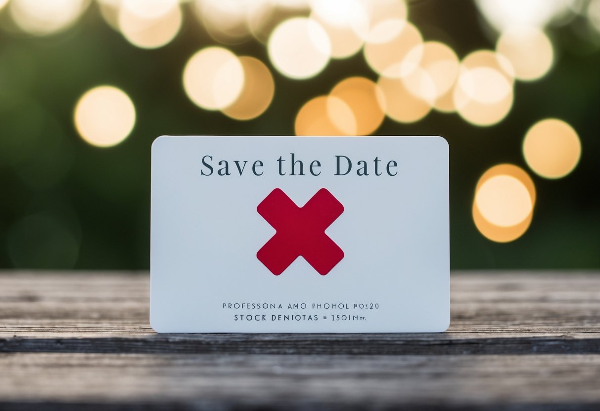 A save the date card with a crossed-out child symbol