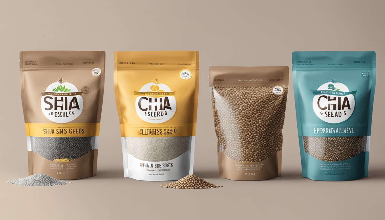 A pile of chia seeds next to various alternative seeds, with expiration dates displayed on each package