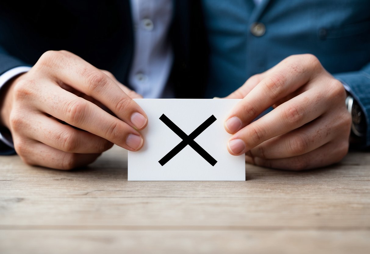 A couple's hands holding a save the date card with a crossed out child symbol
