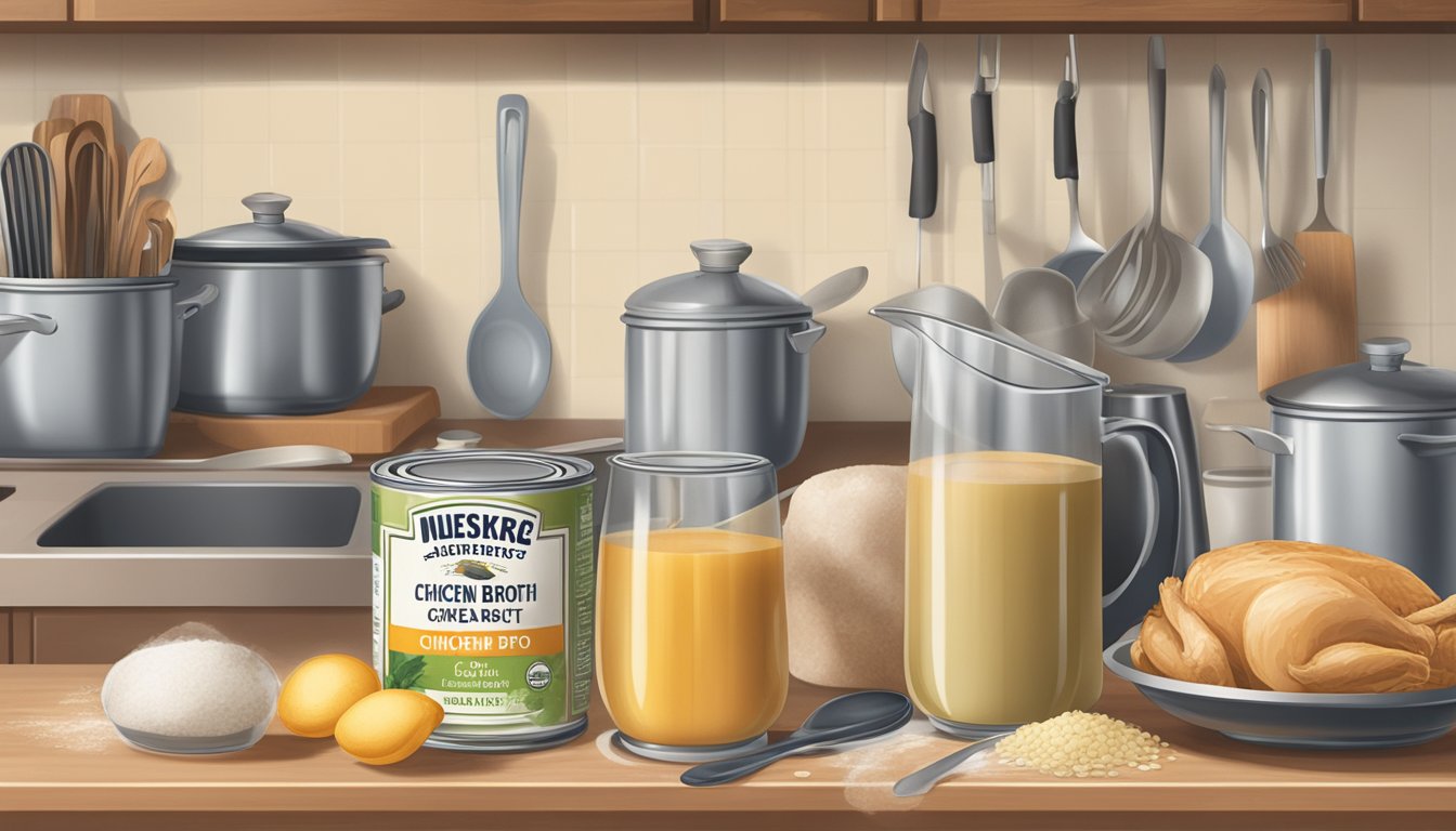 An open can of expired chicken broth sits on a cluttered kitchen counter, surrounded by other cooking ingredients and utensils