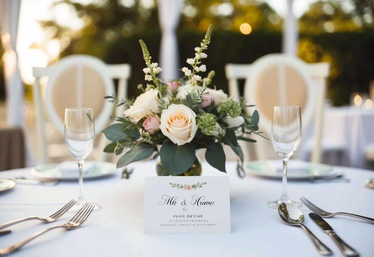 A place card with two elegant chairs and a floral centerpiece, indicating a married couple's seating arrangement
