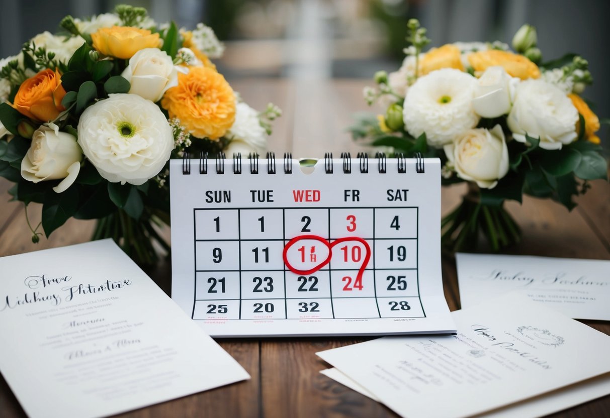 A calendar with the date circled in red, surrounded by wedding invitations and a bouquet of flowers