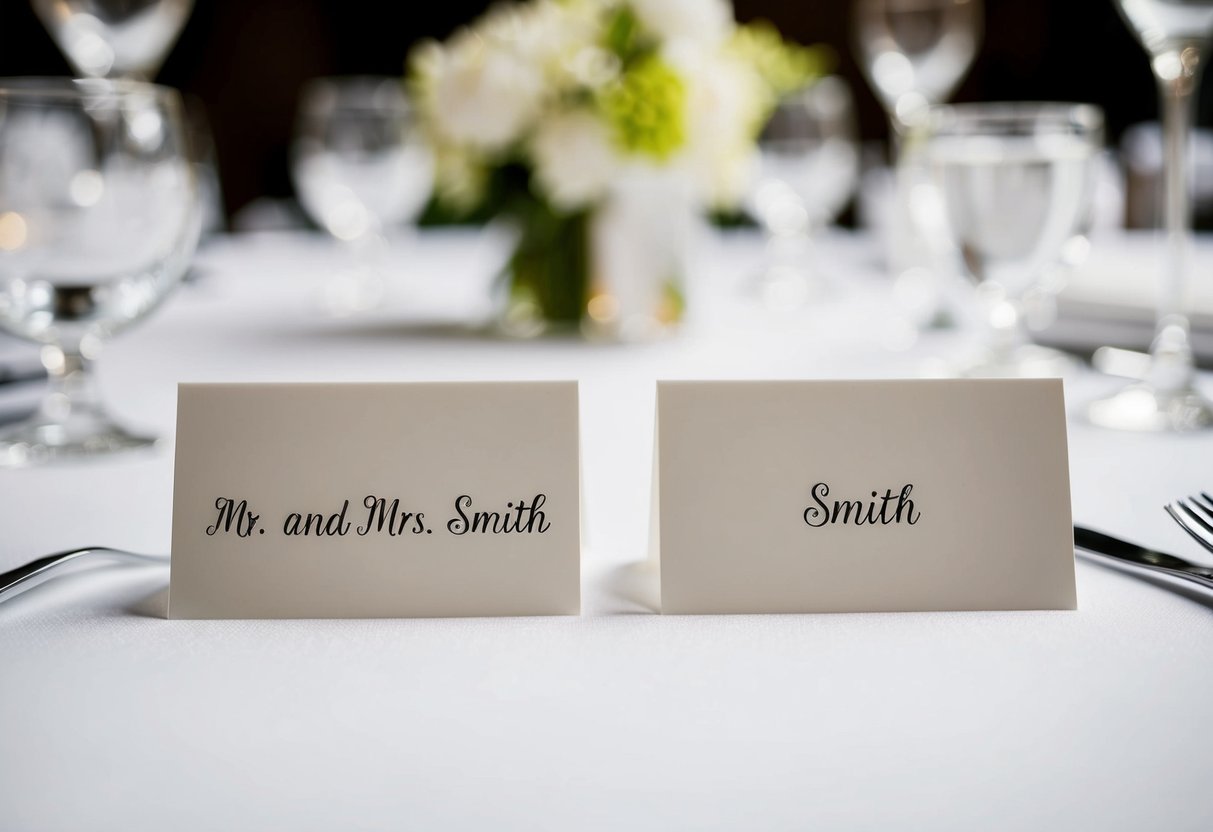 A place card with two seats, one labeled "Mr. and Mrs. Smith" and the other "Smith."