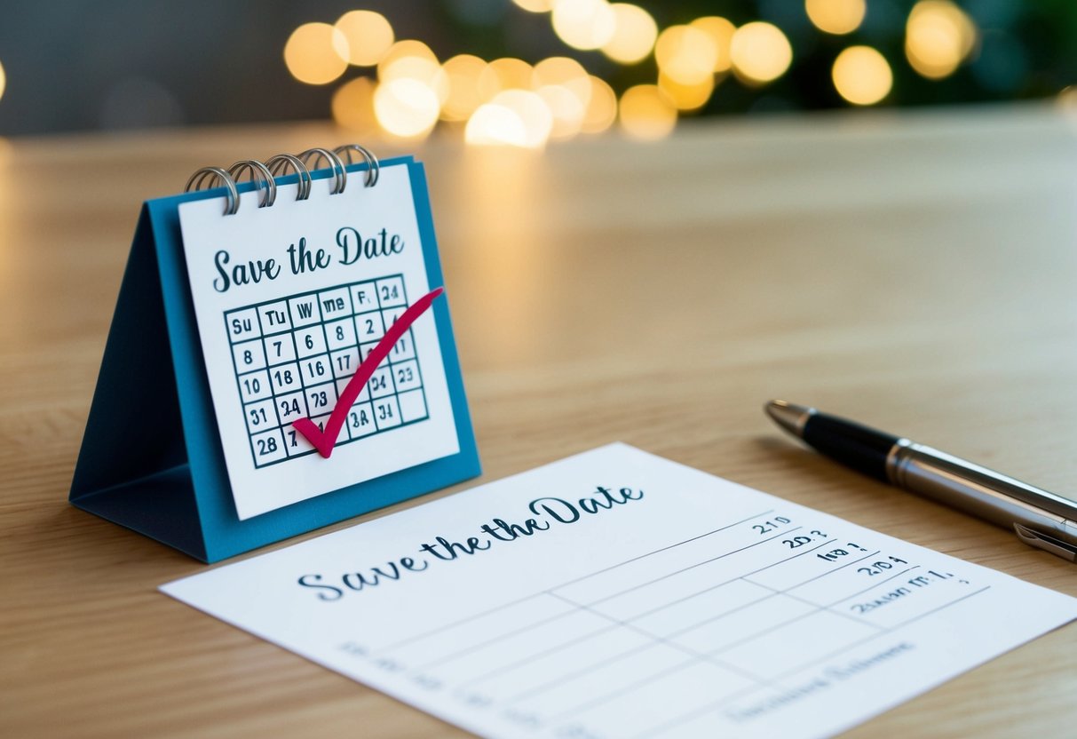 A save the date card with a calendar and a checkmark on a specific date, accompanied by an empty space for the recipient to indicate their RSVP