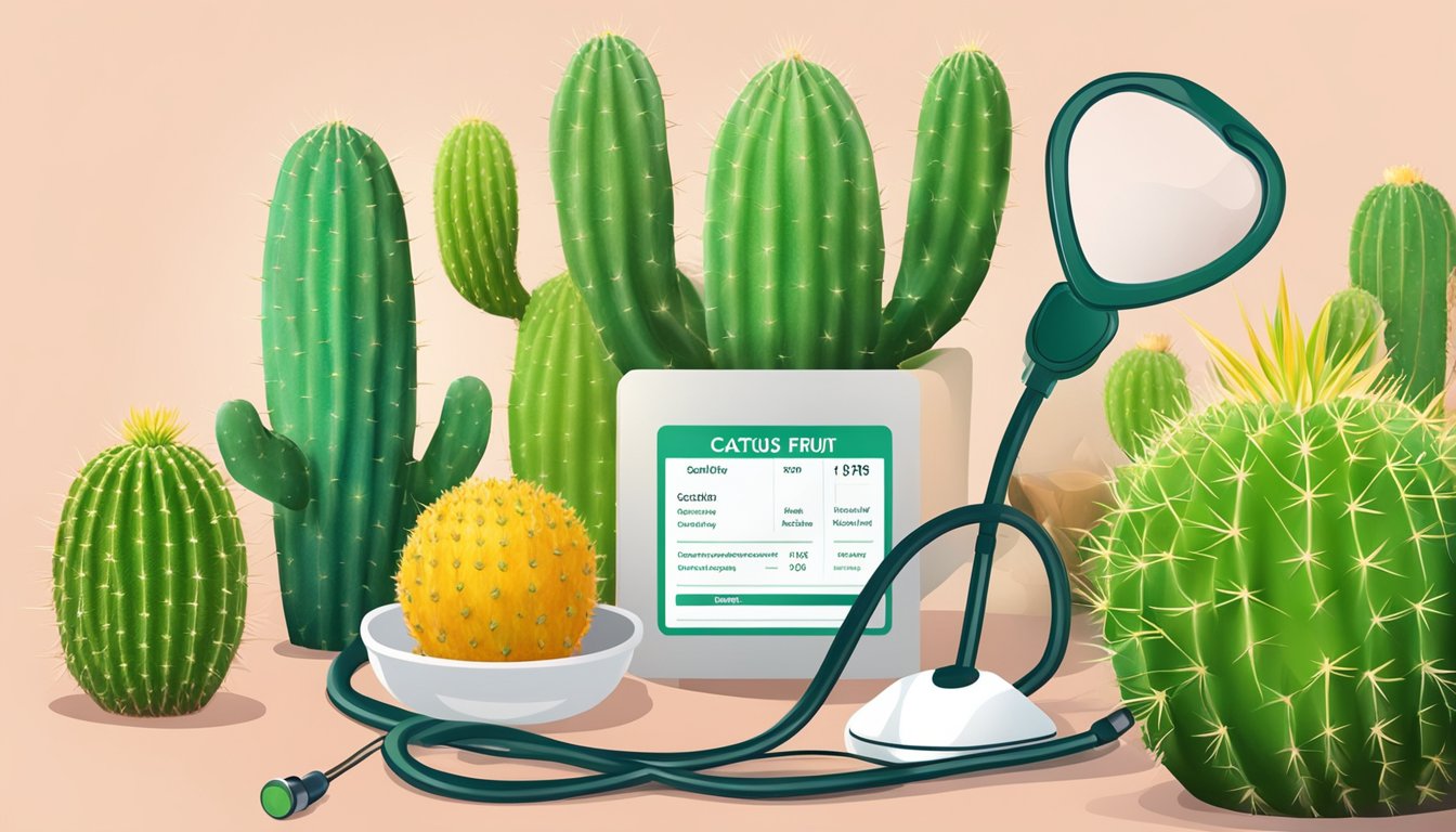 A cactus fruit with a nutritional label and a doctor's stethoscope, surrounded by vibrant green cacti