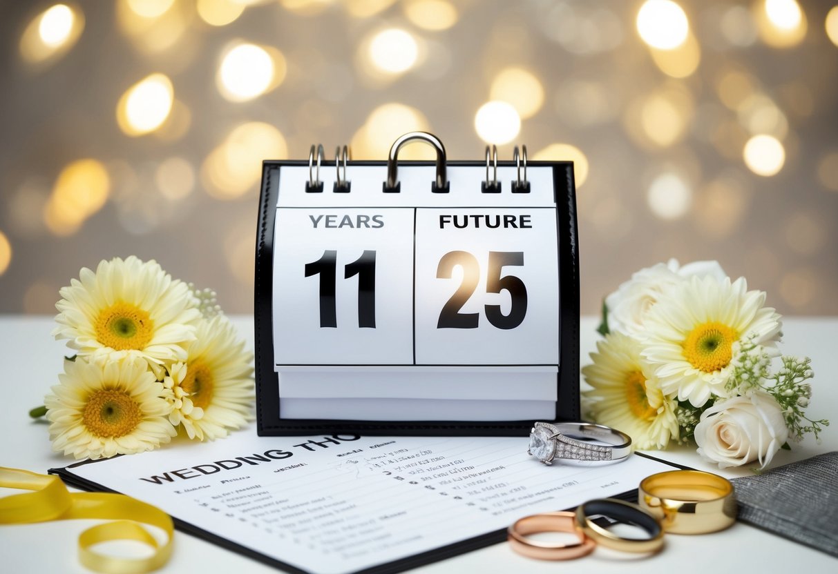 A calendar with the date two years in the future circled, surrounded by wedding-related items such as flowers, rings, and a guest list