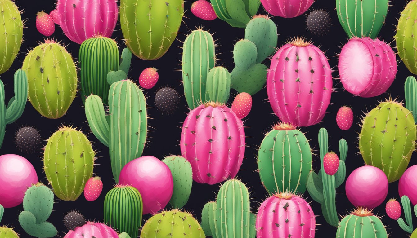 A ripe cactus fruit being sliced open, revealing its vibrant pink flesh and tiny black seeds inside