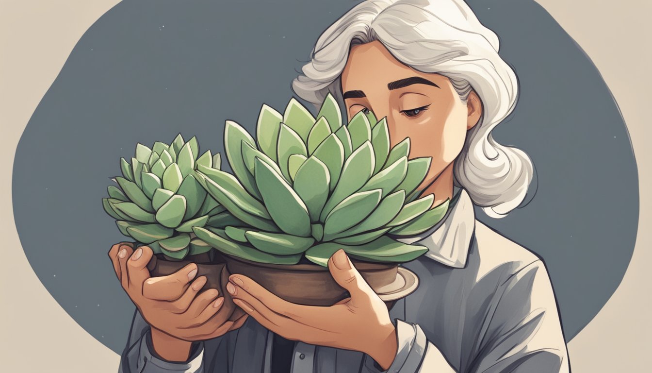 A person holding a succulent plant in one hand and examining it closely with a curious expression on their face