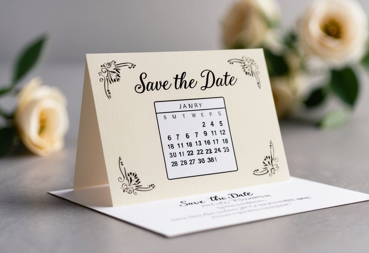 A save the date card with an elegant design, featuring a calendar date circled and a blank space for RSVP information