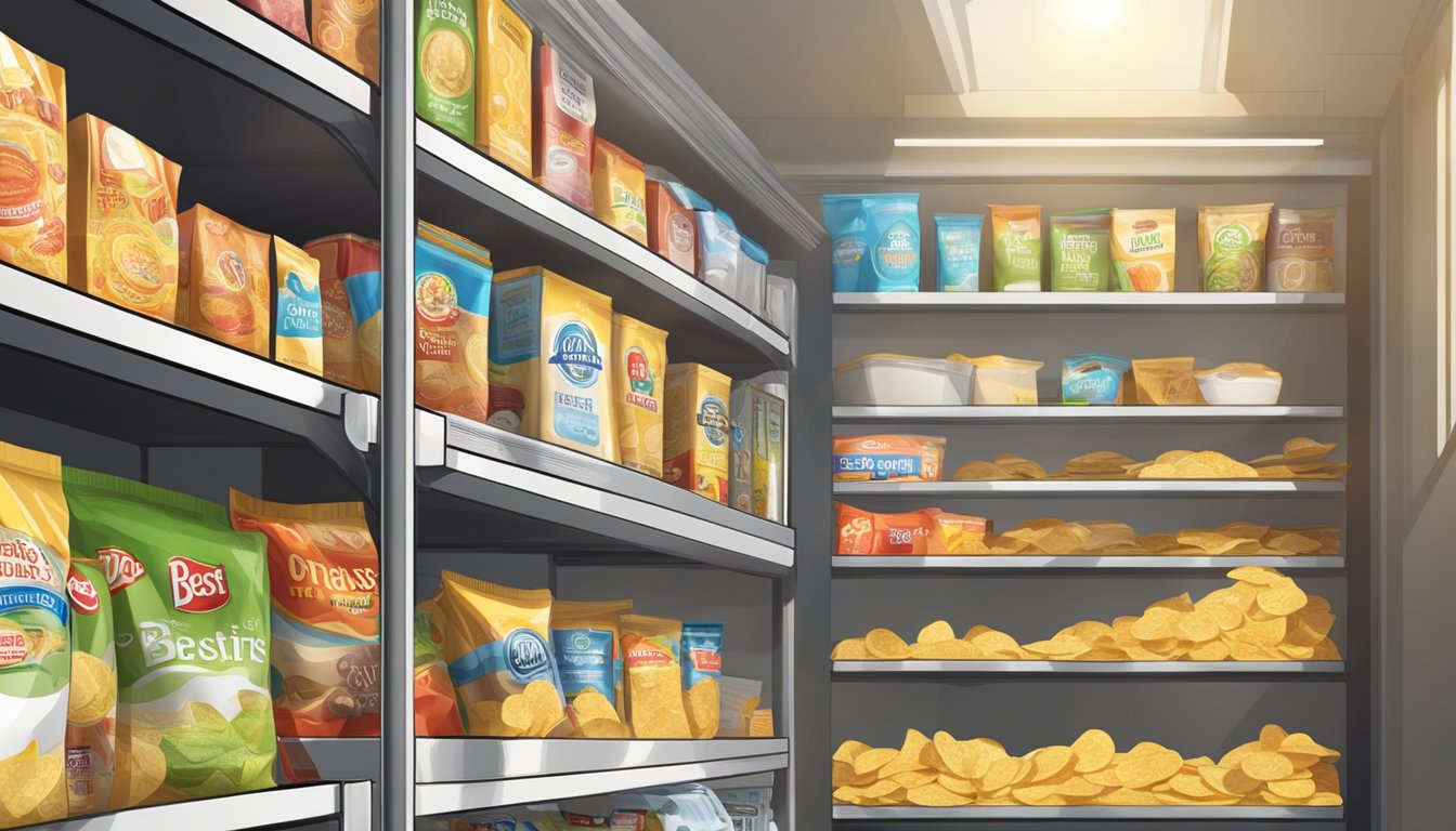 A pantry shelf with a sealed bag of chips, placed away from direct sunlight and heat sources, with a "best by" date clearly visible