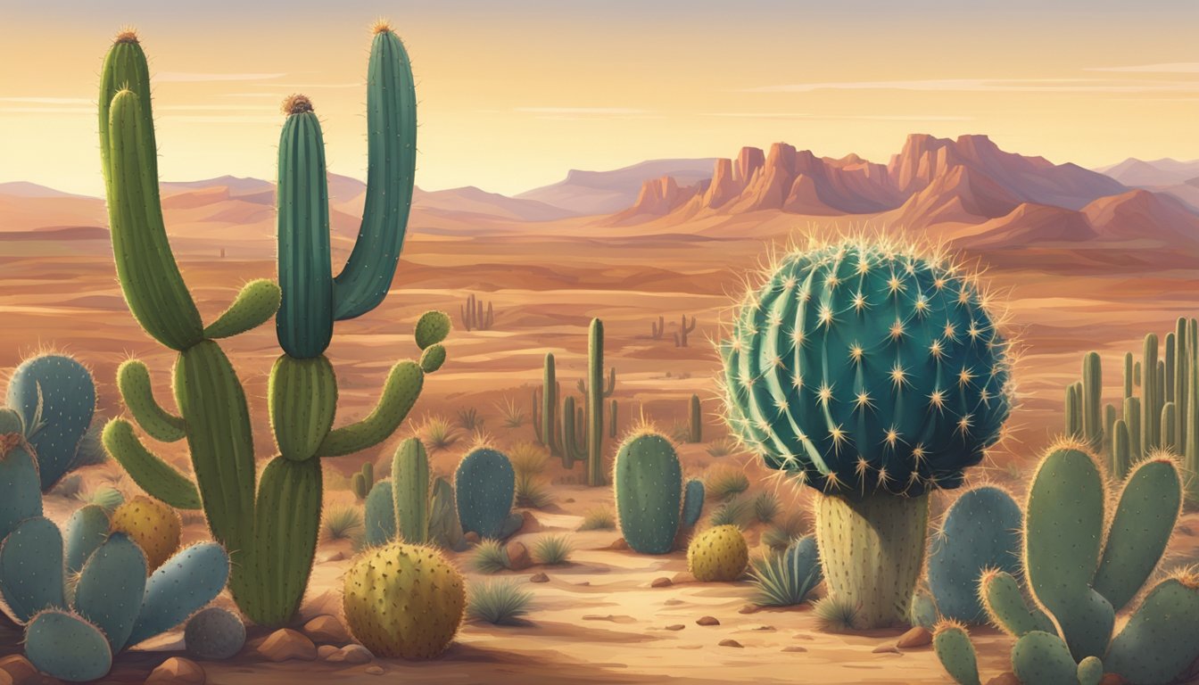 A ripe cactus fruit hanging from a prickly pear cactus, surrounded by dry desert landscape and other cacti