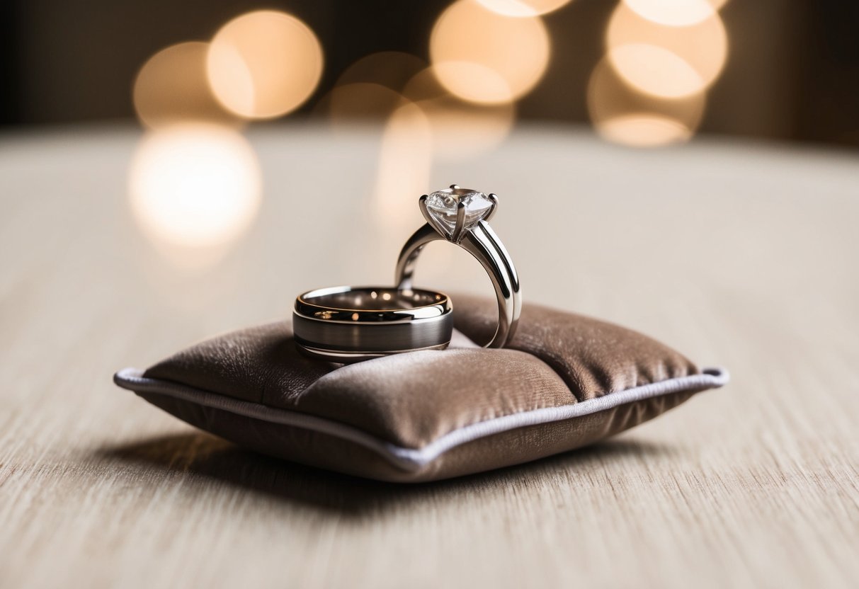 A table with two wedding rings, one slightly larger than the other, resting on a soft velvet cushion
