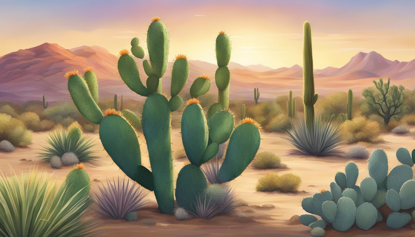 A desert landscape with a prickly pear cactus bearing ripe fruit, surrounded by other drought-resistant plants and wildlife