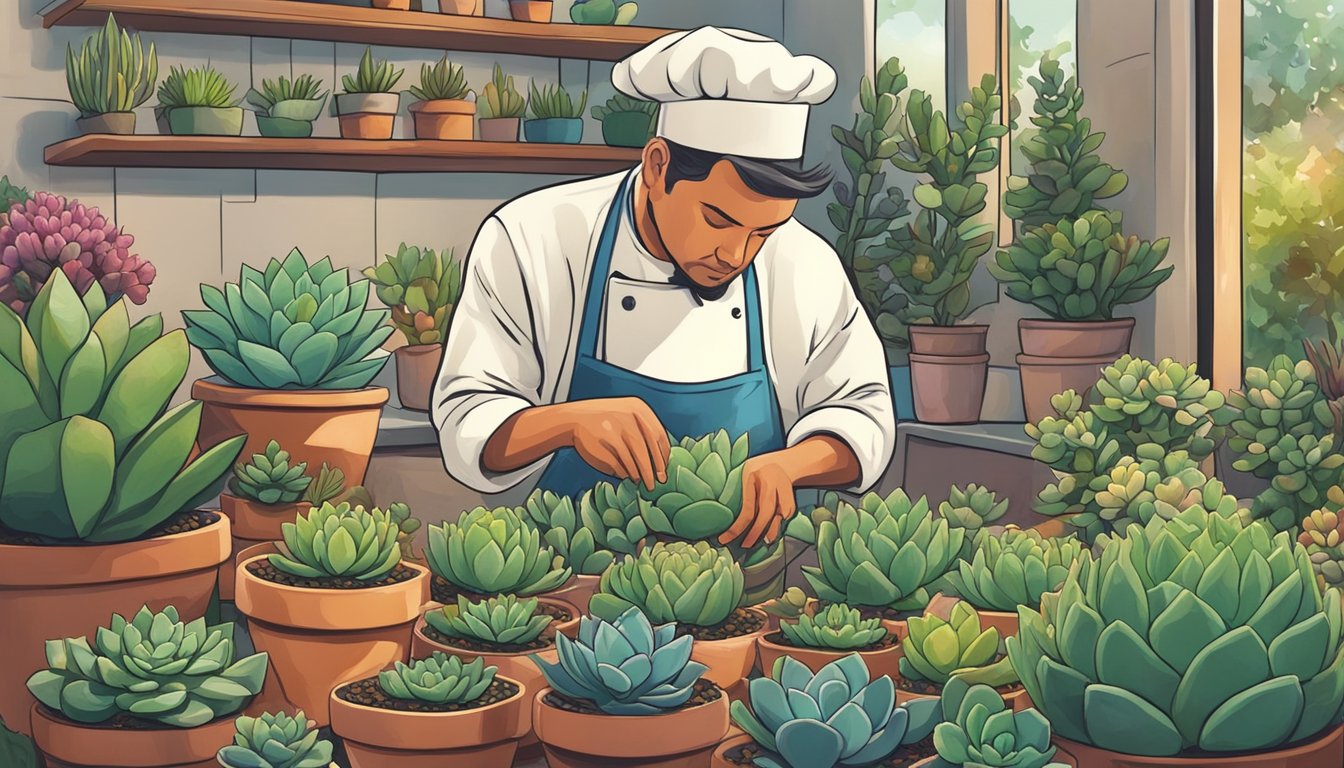 A chef carefully plucks colorful succulents from a garden, examining them for use in a dish