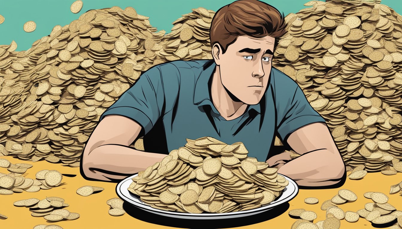 A pile of expired chips scattered on a plate, with a worried expression on a person's face in the background