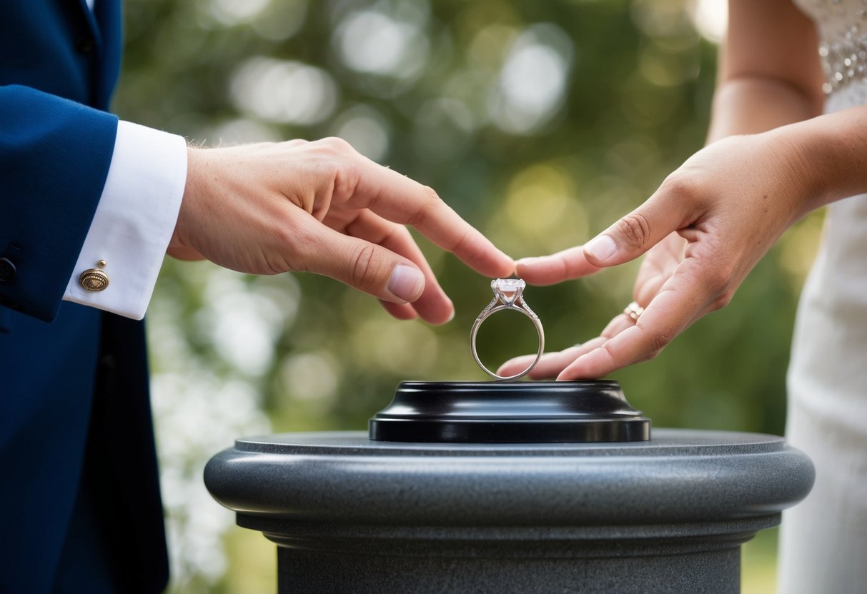 A hand reaches out to place a ring on a pedestal, symbolizing the first step in a wedding ceremony