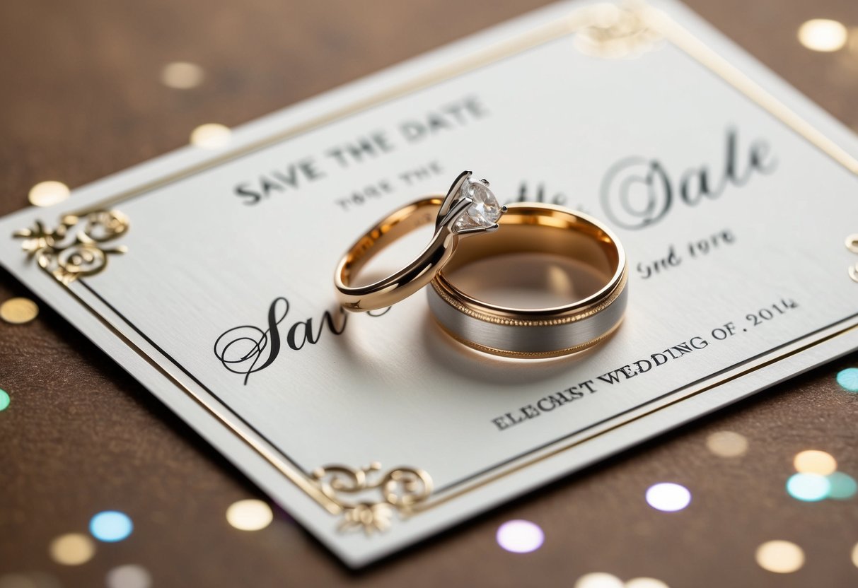 A pair of elegant wedding rings resting on top of a beautifully designed save the date card