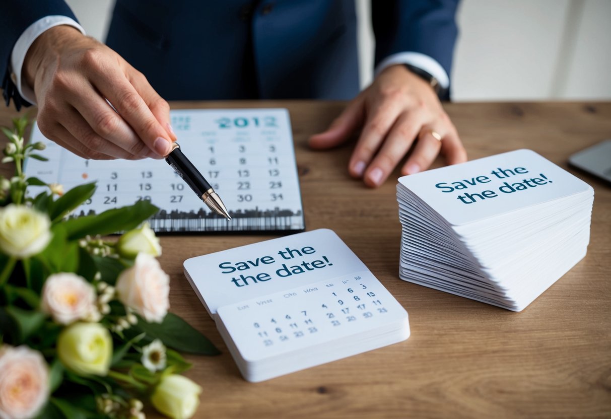 A hand reaches for a stack of save the date cards, a pen poised to write on them. A calendar and a bouquet of flowers sit nearby
