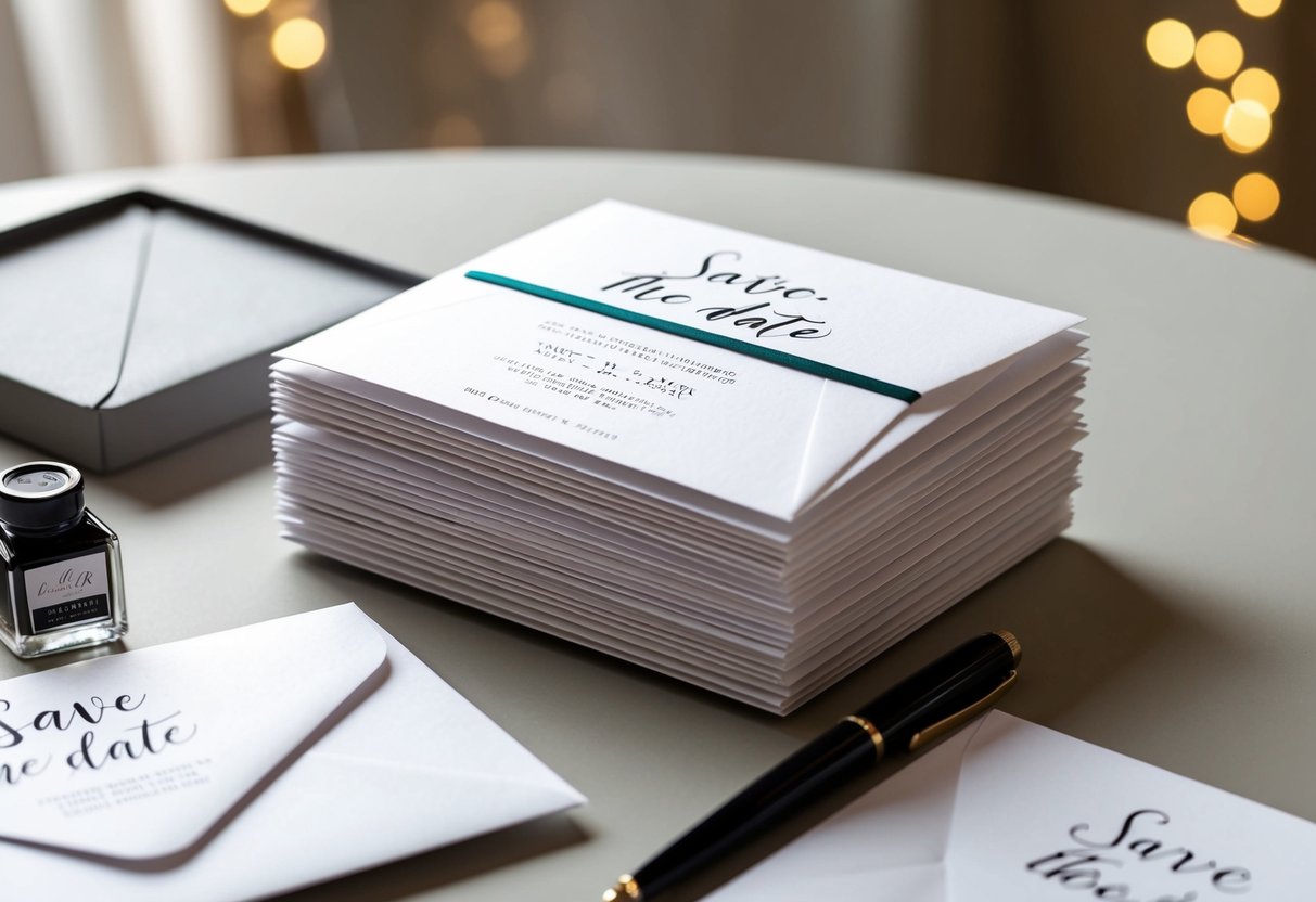 A stack of elegant save the date envelopes arranged neatly on a table, with a calligraphy pen and ink nearby