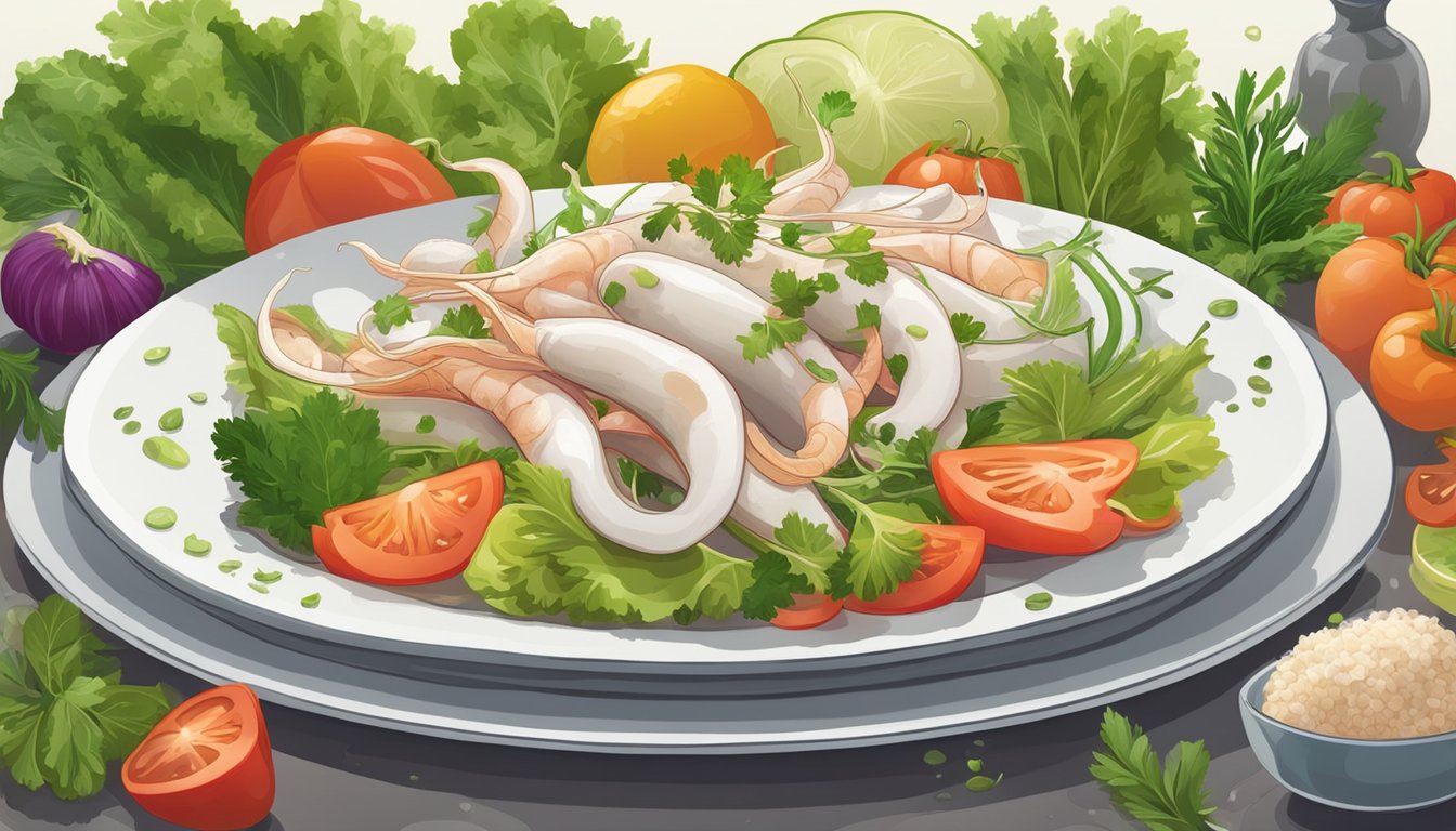 A plate of raw squid surrounded by vibrant, fresh vegetables and herbs, with a spotlight on the squid to emphasize its nutritional value