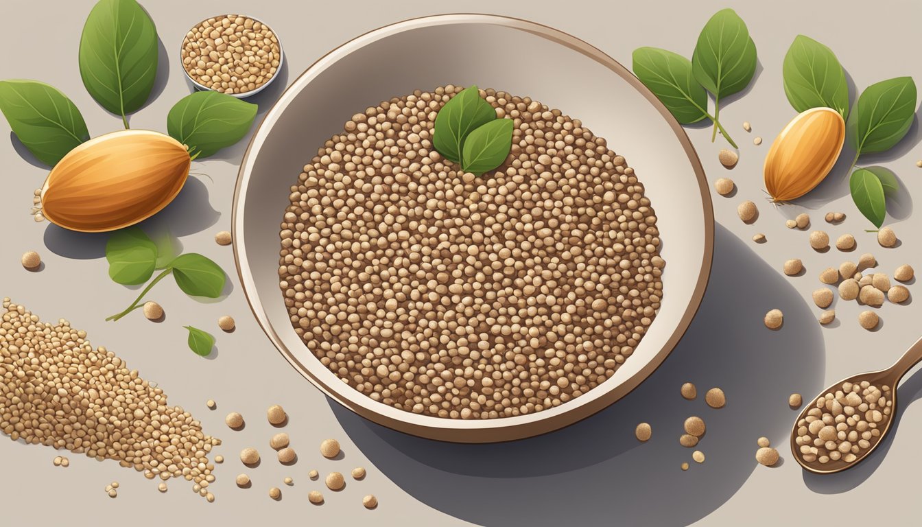 A bowl of cooked buckwheat surrounded by uncooked buckwheat grains and a sprig of fresh buckwheat plant